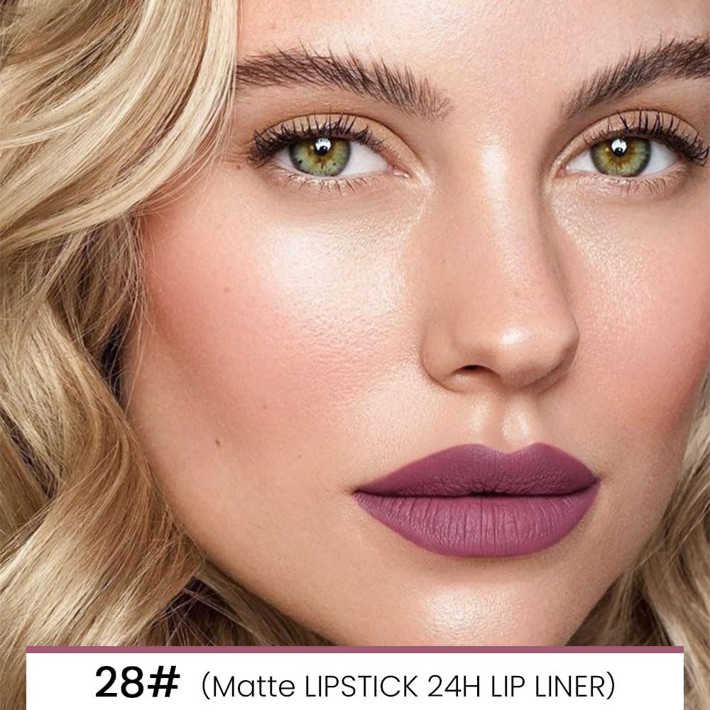 evpct 1Pcs More Mauve Lip Liner and Lipstick Set Kit for Women, Matte Lips Kit with Lip Liner Lip Stains Long Lasting Waterproof 24 Hour Lipstick and Lip Liners Combo Lipliners Pencil 28#