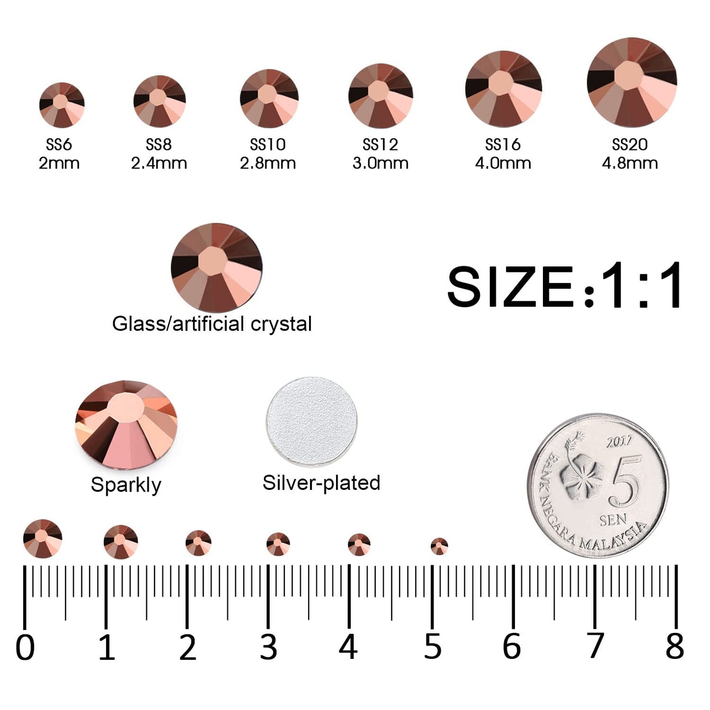 4240Pcs Rosegold Flatback Rhinestones 6 Sizes Crystal Diamonds for Nail Art Crafts Clothes Shoes with Tweezers and Picking Pen