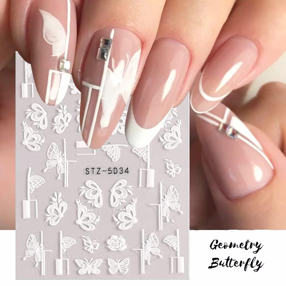 Flower Nail Stickers for Nail Art 5D Embossed Engraved Nails Decals 3D Spring Summer Accessories White Blue Self-Adhesive Nails DIY Design Decoration for Women Girls（6 Sheets