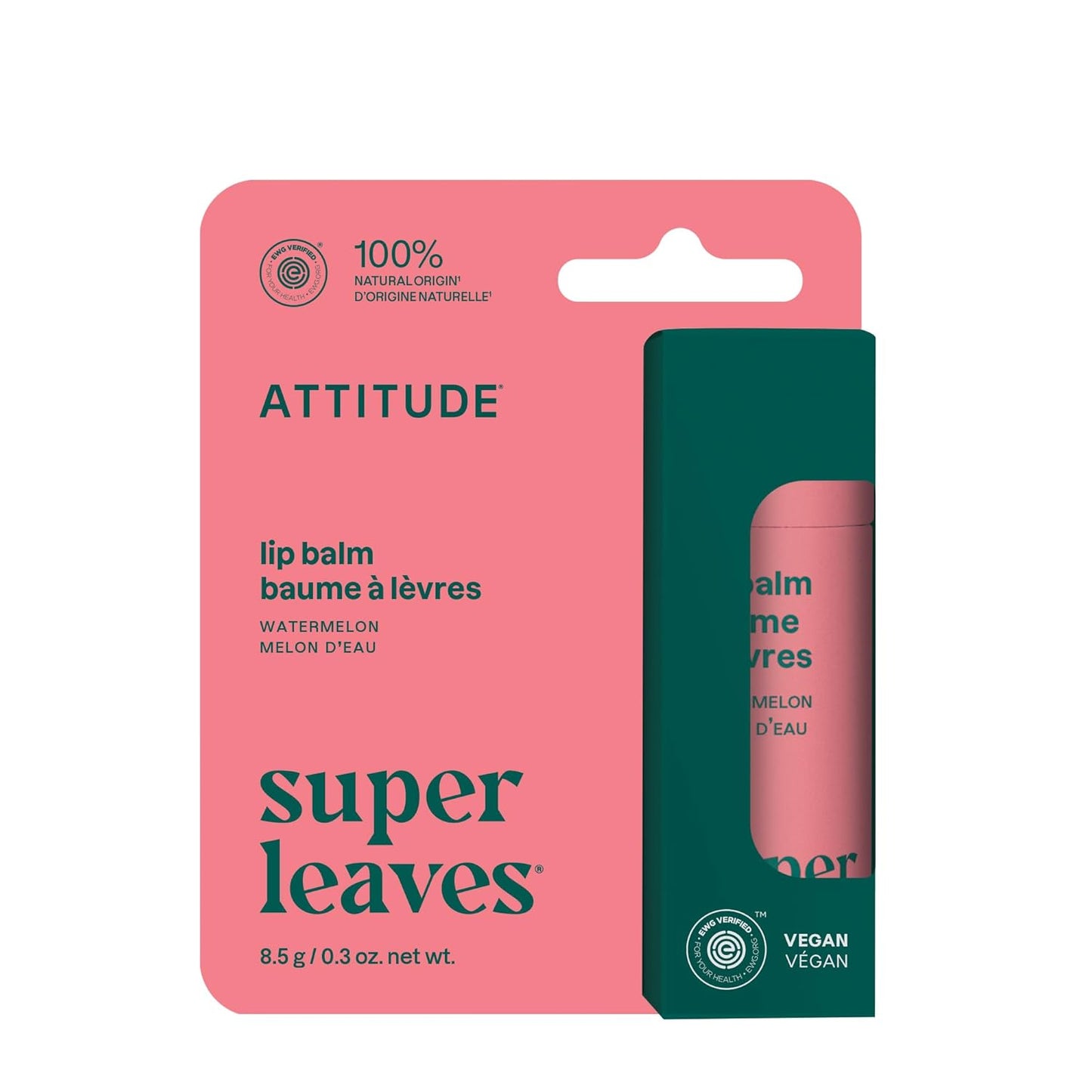 ATTITUDE Lip Balm, Natural Origin, Nourishes & Protects, Shea Butter, Coconut & Castor Oils, EWG Verified, For Dry Lips, Men and Women, Vegan, Watermelon, 0.3 Oz