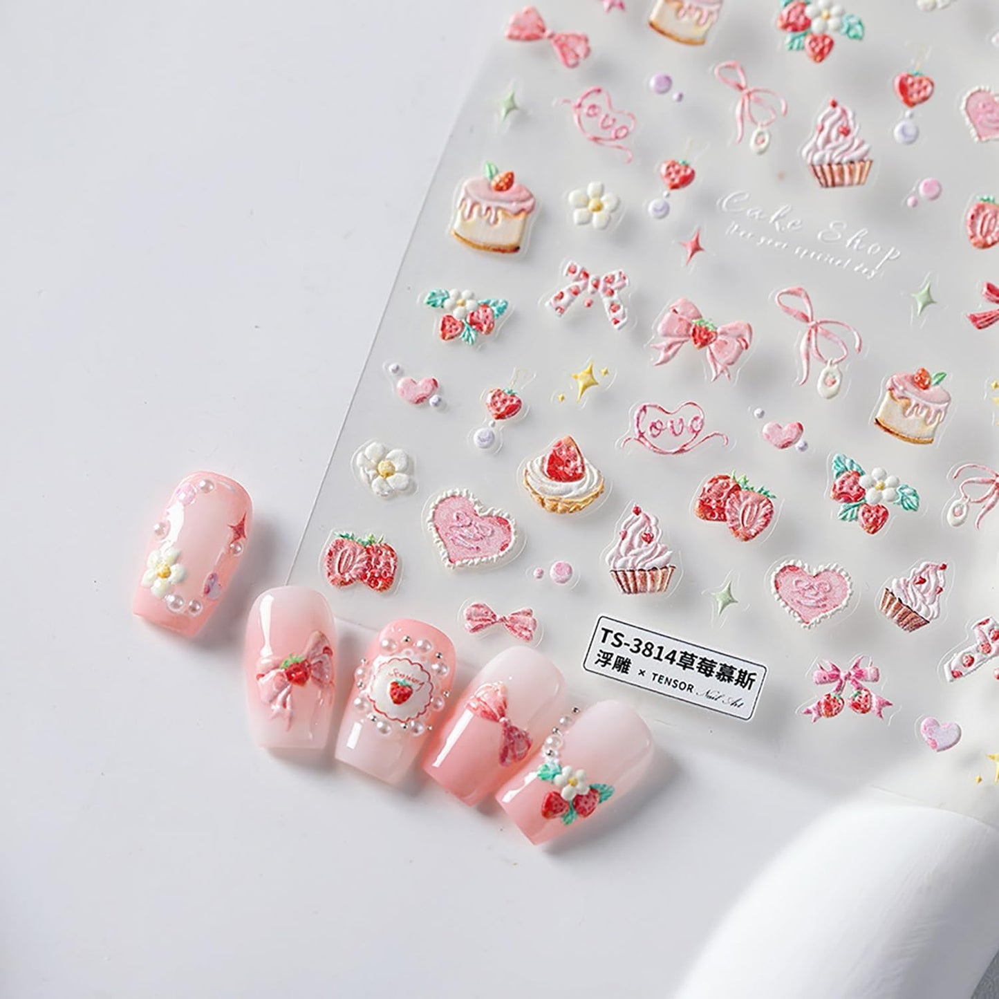 5D Embossed Bow Nail Stickers Pink Bow Nail Decals for Acrylic Nails Designs Self Adhesive Pink Star Cake Flower Nail Art Stickers Cute Bow Nail Art Supplies for Women Nail Accessores