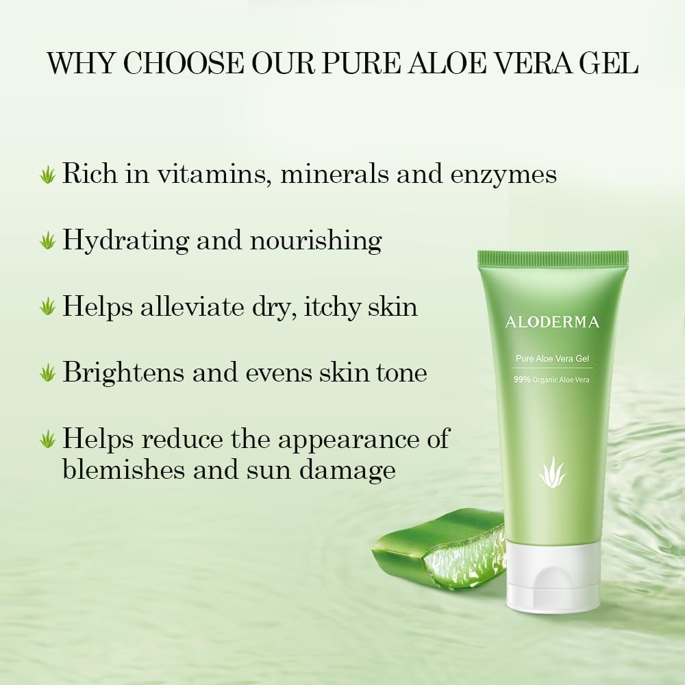 Aloderma 99% Organic Aloe Vera Gel Made within 12 Hours of Harvest, Easy Travel Size Tube for Body, Face, & Scalp, Cooling, Soothing Instant Relief for Skin & Sunburn, Hydrating Aloe Gel, 1.5oz