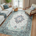 RELEANY Washable Area Rug, Teal Green/White/Navy by RELEANY