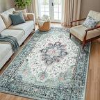 RELEANY Washable Area Rug, Teal Green/White/Navy by RELEANY