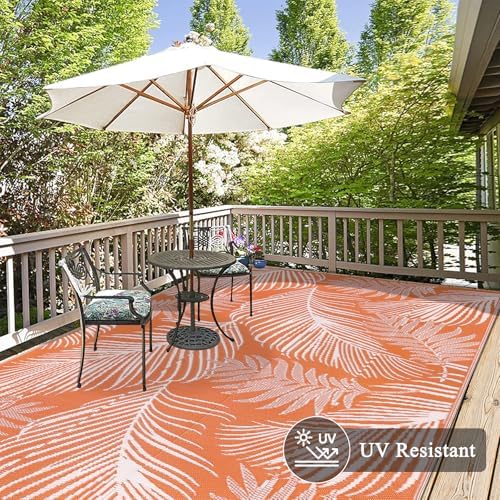 Pauwer Waterproof Outdoor Rug 6x9, Plastic Straw Patio Rug, Leaf Orange - Image 3