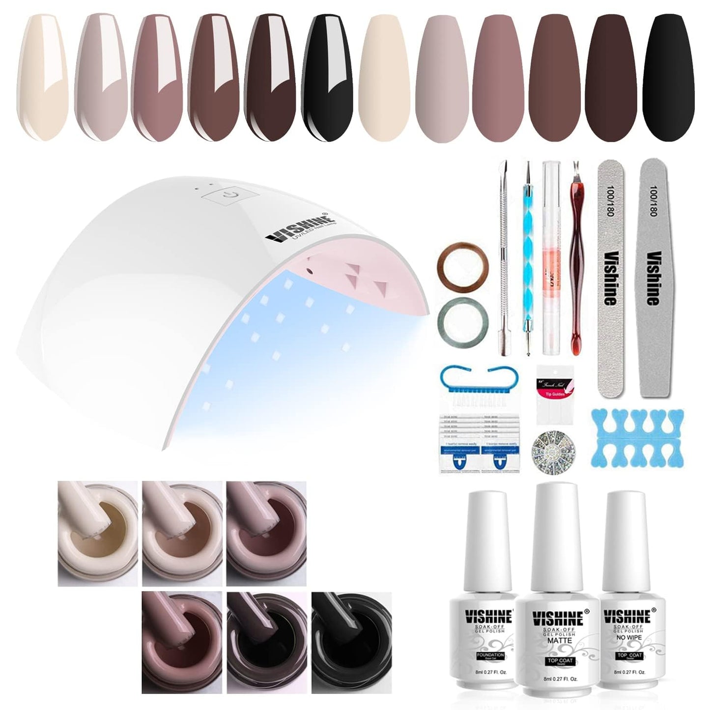 Vishine Gel Nail Polish Starter Kit, 36W LED Nail Dryer Lamp Base Top Coat 6 Classic Colors Nail File Manicure Tools Matte Top Coat for Nail Art #02