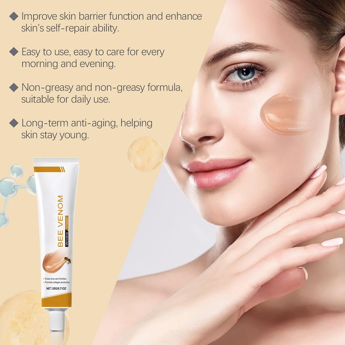 Bee Venom Moisturiser Cream Wrinkle Removal & Firming, Anti-Aging Eye&Face Bee Venom Skin Treatment Cream, Natural And Non-Irritating, Lifting & Recovery For All Skin Type (1 Pack, 20g)