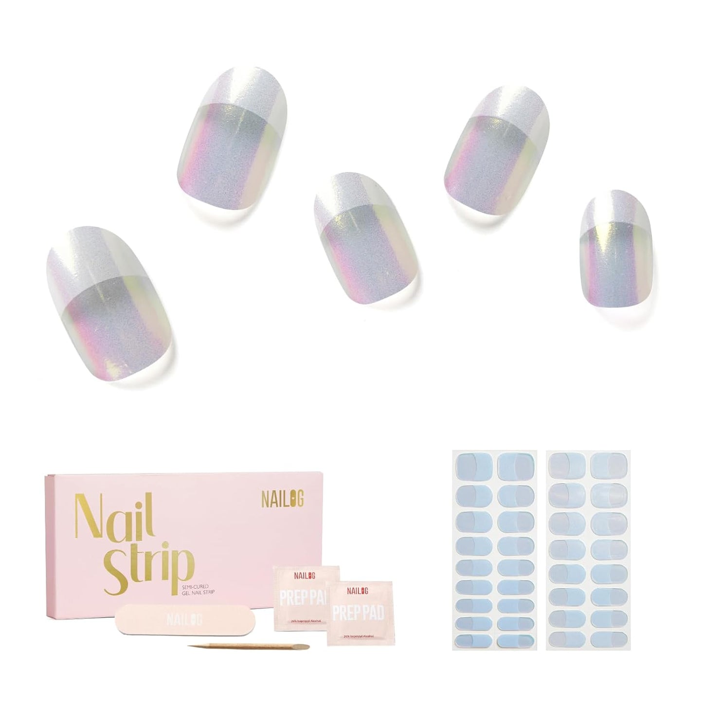 Semi Cured Gel Nail Strips - NAILOG 34 Pcs French Clear Glitter Nail Stickers Extra Long Wraps with Glossy Gel Finishing, Magic Aura