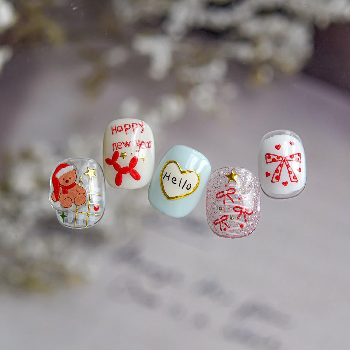 Bear Nail Stickers Christmas Nail Art Stickers Star Nail Decals with Red Gold Design 5d Embossed Self Adhesive Xmas Nails Charms for Women Girls Kid Manicure DIY Decoration