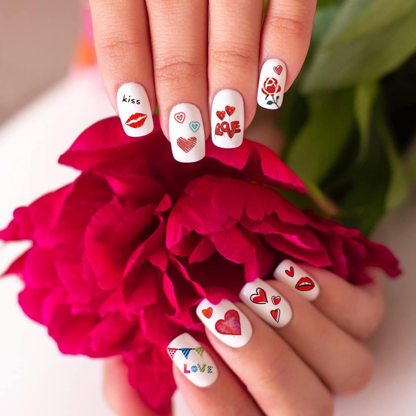TailaiMei 12 Sheets Valentine's Day Nail Stickers, Self-Adhesive DIY Nail Art Decals, Design for kiss Love Hug (982 Pcs)