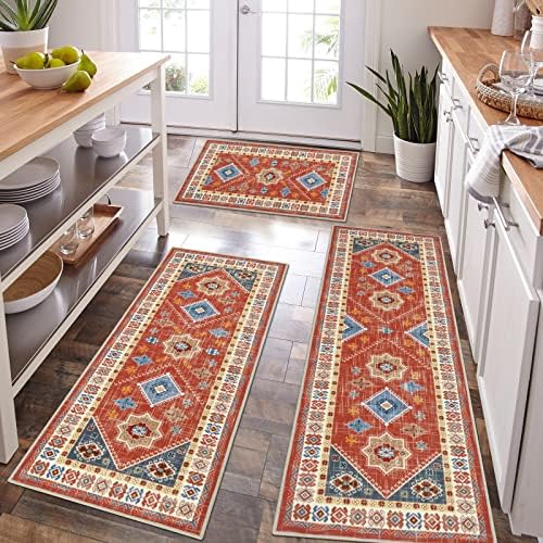 HEBE Boho Kitchen Rugs Set of 3, Non Slip Washable Kitchen Mats by HEBE