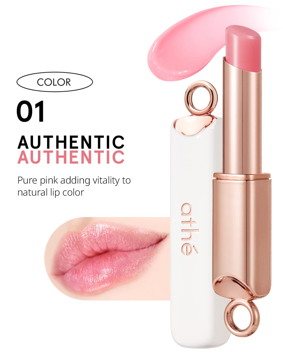 ATHÉ Authentic Lip Balm 01 AUTHENTIC (Tinted), Lightweight Wear & Plumping Lips without Stickiness, Moisturizing & Nourishing Plant-Based Vegan Chapstick for Dry, Petrolatum Free, Cruelty-Free