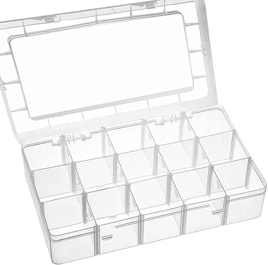 15 Large Grids Plastic Organizer Box with Adjustable Dividers,divided storage containers,jewelry organizer,Clear Storage Box for Jewelry,Art DIY Crafts,Washi Tapes,Beads and Small Parts