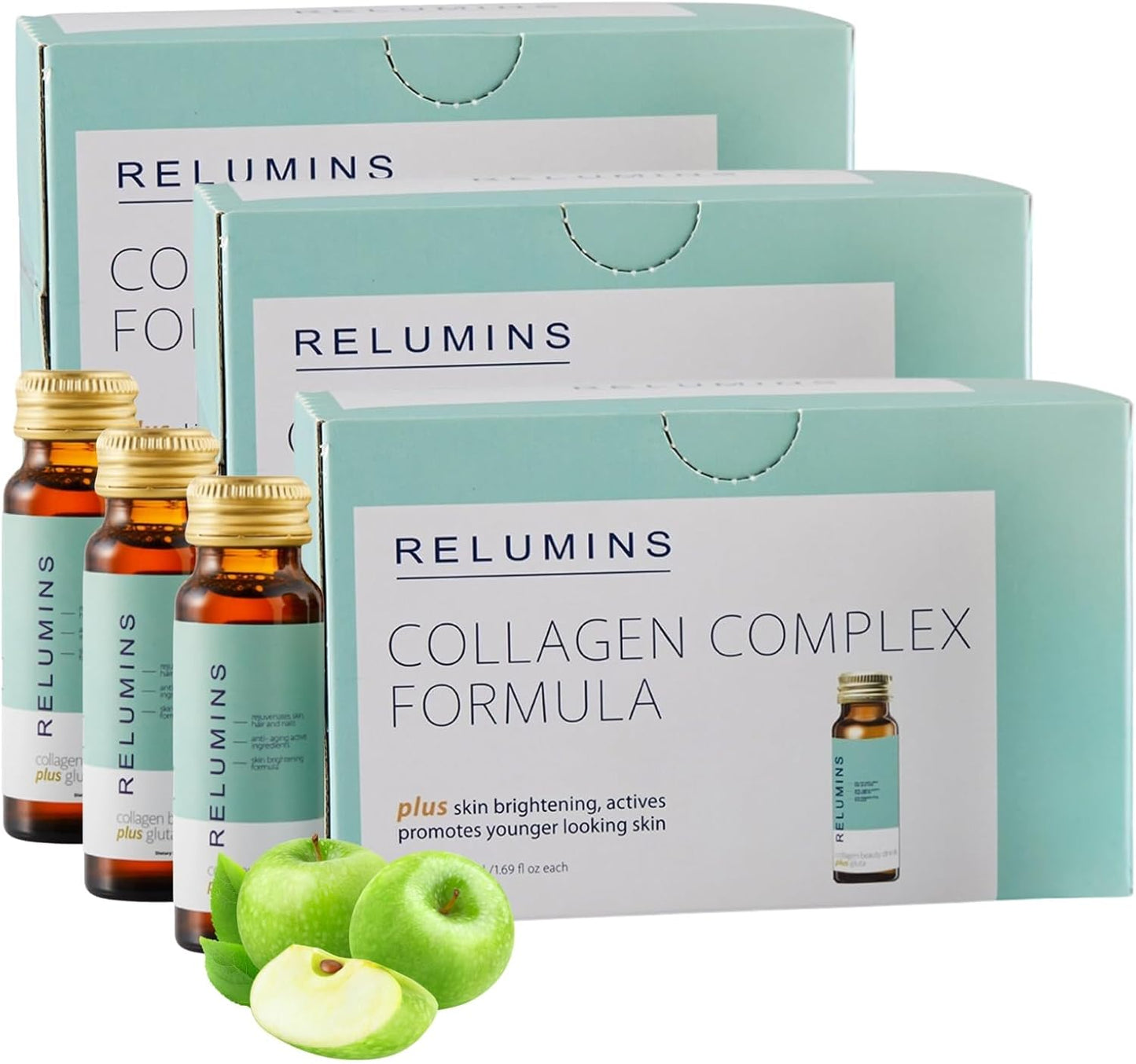 Relumins Advanced Collagen Beauty Drink with Glutathione, Hyaluronic Acid & Antioxidants - Post-Summer Skin Recovery & Shots for Radiant Skin, Hair & Nails - Apple Flavor - 30 Bottles x 50mL
