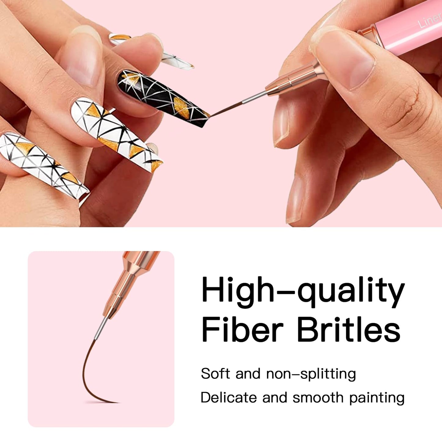 Metallic Nail Art Brushes, 5Pcs Liner Brush Set, UV Gel Polish Painting Art Design Pen for Long Lines, Thin Details, Fine Drawing Sizes 4/8/12/20/25mm(Pink)