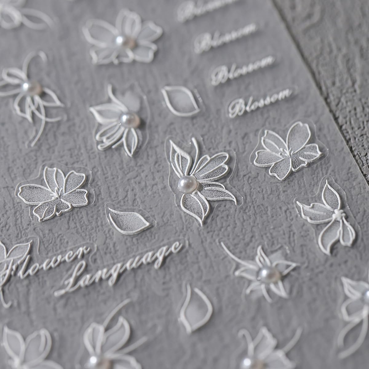 Flower Nails Stickers White Nail Decals with Pearl Design Glue on Nails Sticker Floral Nails Art Stickers 5D Embossed Self Adhesive for Women Girls Kid Manicure Charms Decoration