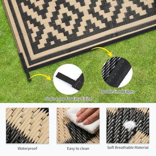 Kalafun Outdoor Patio Plastic Straw Rug, 6x9 ft, Stripe Black Brown - Image 6