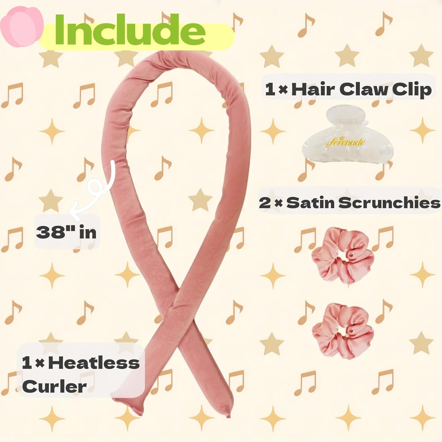 Serenade Sparkling Satin Heatless Curls Overnight, Heatless Hair Clurer Curling Rod Headband, No Heat Curling Rod Hair Roller for Women and Girls to sleep in, Pink