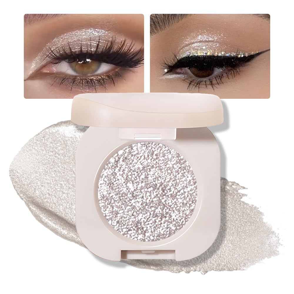 Glitter Eyeshadow Palette, Silver Shimmer Eyeshadow Makeup, Shiny Pressed Powder, Single Vegan Eye Shadow, Highly Pigmented Silver Eye shadow Makeup Palette,Monochrome Long Lasting Glitter Eyeshadow12