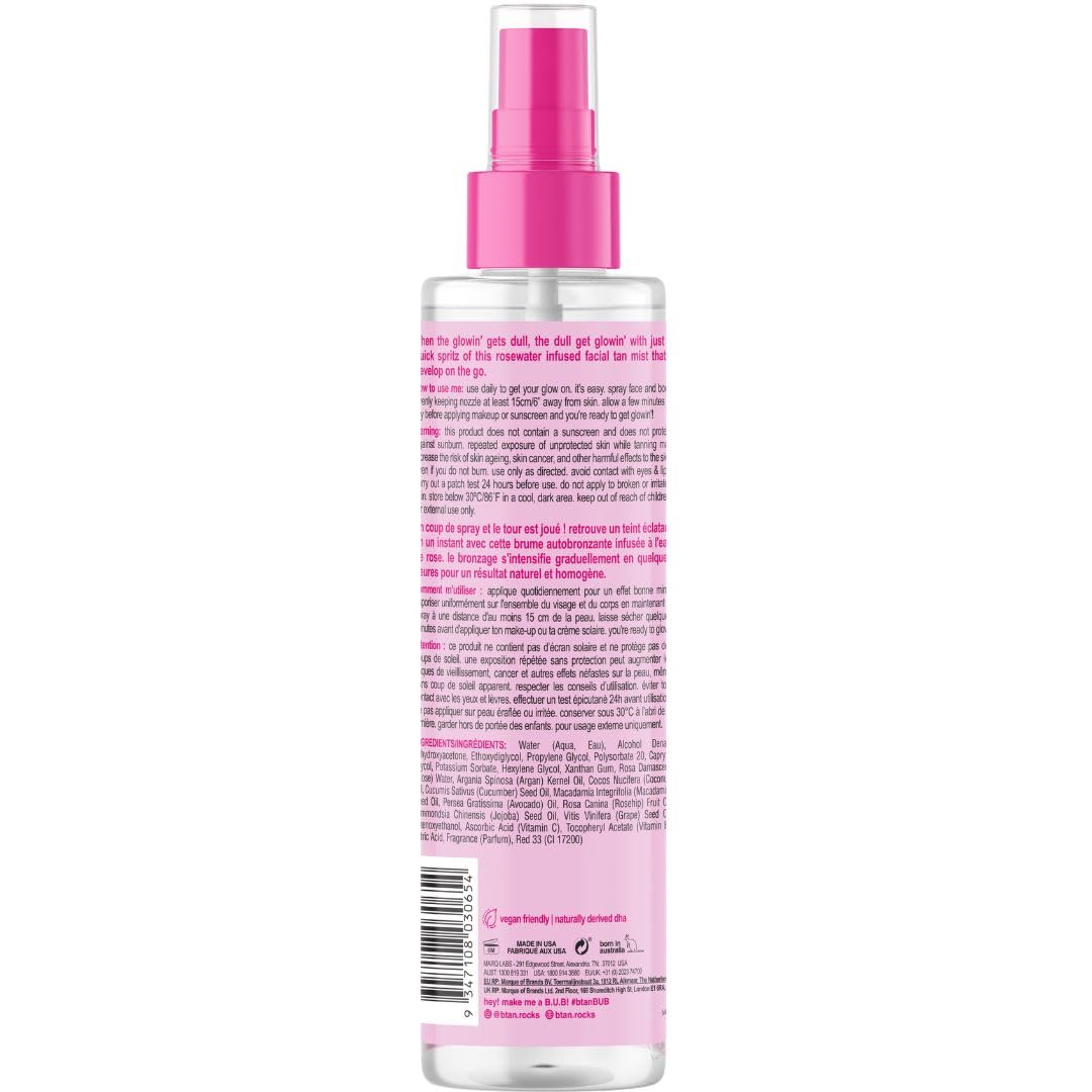 b.tan Clear Face Tan Mist | Gimme The Glow Down - Best Facial Tanner Spray, Gradual Bronzing Sunless Tanning Water, Infused with Rosewater, Vegan, Cruelty Free, 6.7 Fl Oz
