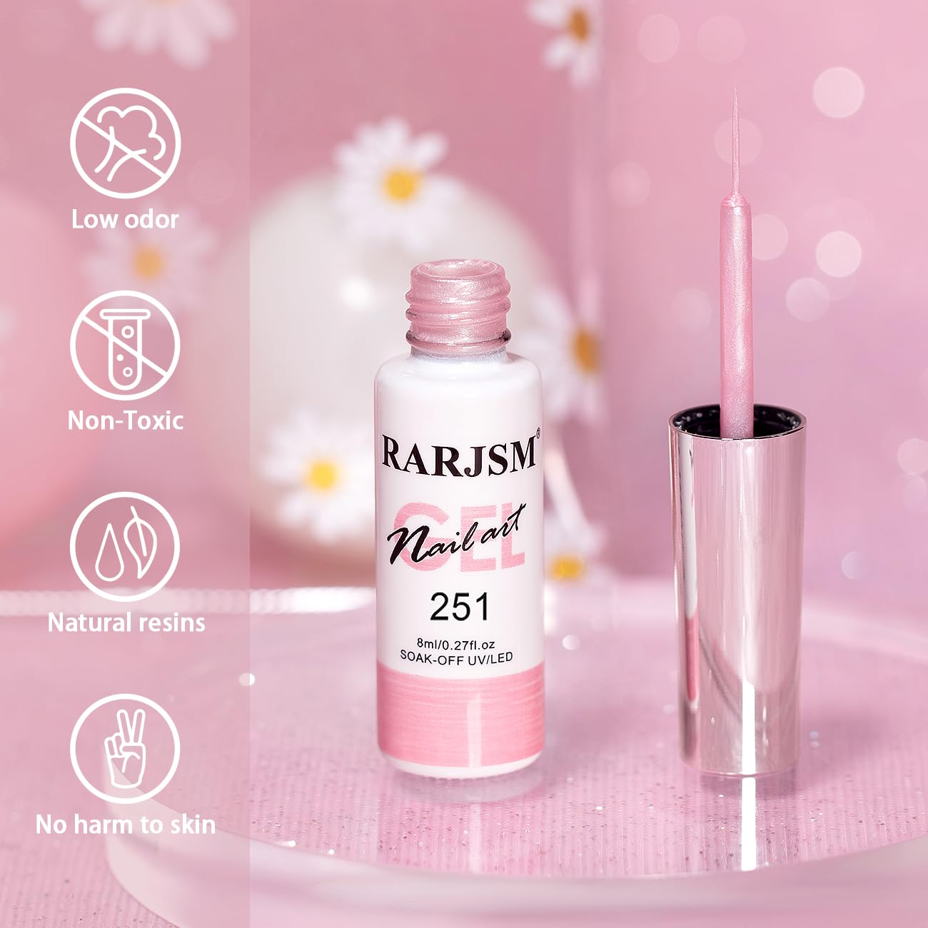 RARJSM Pearl Pink Nail Art Gel Liner Pearlescent Shell Glitter Swirl Effect Gel Nail Polish 8ml Build in Thin Brush Painted Drawing Striper Gelpolish Soak off Curing Requires for Home Salon Design