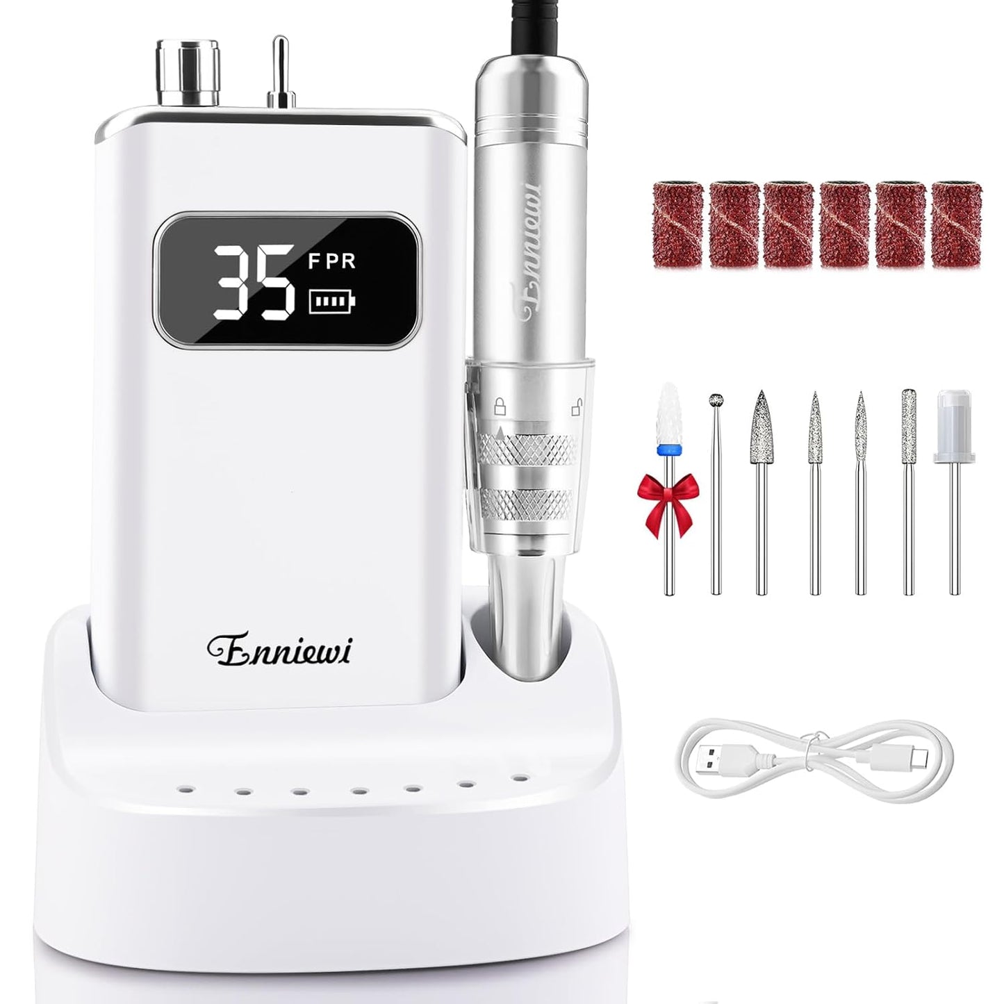Electric Nail Drill File, Professional Portable Nails Drills Kit with Rechargeable Base 7 uñas Bits, Cordless Efile for Poly Gel Acrylic Nails Remover Home Salon Pedicure Manicure Tool, White