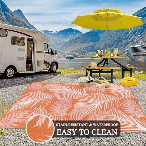 Pauwer Waterproof Outdoor Rug 6x9, Plastic Straw Patio Rug, Leaf Orange - Image 5