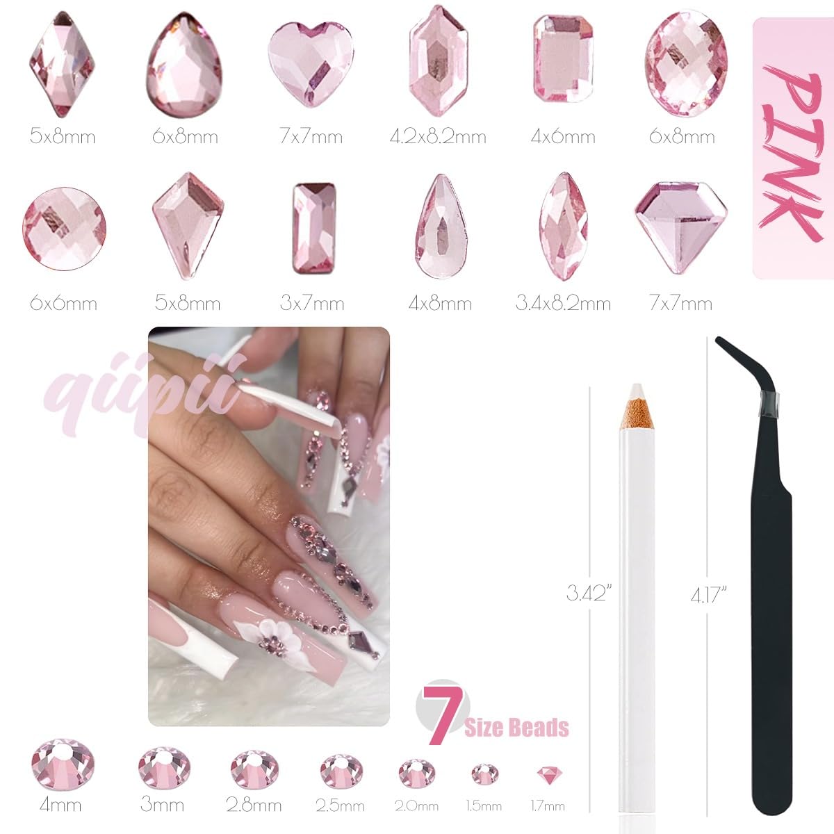 3080Pcs Pink Nail Rhinestones 120 Multi Shapes Flatback Rhinestones Big Gems +2960 Light Pink Round Beads K9 Glass Stones Diamonds jewels Crystals for Nails Faces Eyes Makeup Clothes Crafts DIY
