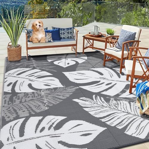 Waterproof 10x14 Outdoor Rug for Patio Reversible Plastic Straw Rug Floral by GLOWSOL