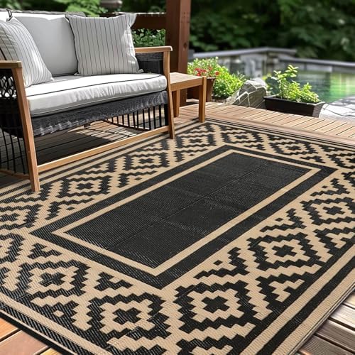 Kalafun Outdoor Patio Plastic Straw Rug, 6x9 ft, Stripe Black Brown by Kalafun