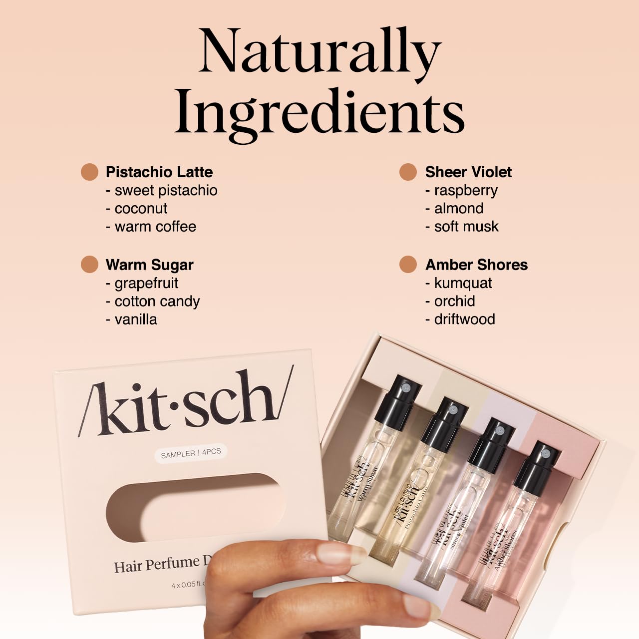 Kitsch Hair Perfume For Women (Discovery Set) - Pistachio Latte, Warm Sugar, Sheer Violet & Amber Waves - Patented Odor-Eliminating Technology, Hair Spray and Body Mist - 4 x 1.5ml