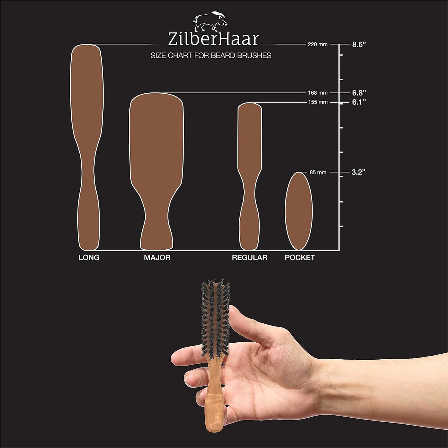 ZilberHaar Regular Beard Brush - Soft Boar Bristles - Beard grooming brush for men - Straightens and Promotes beard growth - Works with Beard Oils and Balms - Essential for beard care kits