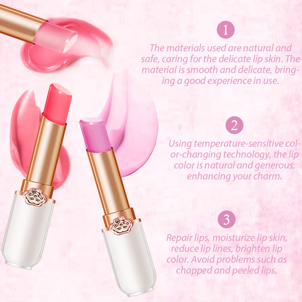 evpct 3Pcs Magic Color Changing Lipstick Long Lasting Waterproof 24 Hours Original for Women, Peach Strawberry Grape Pink PH Mood Permanent Color Changing Lipstick Lip Balm Gloss, labial magico