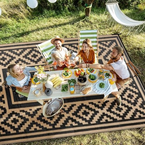Kalafun Outdoor Patio Plastic Straw Rug, 6x9 ft, Stripe Black Brown - Image 2