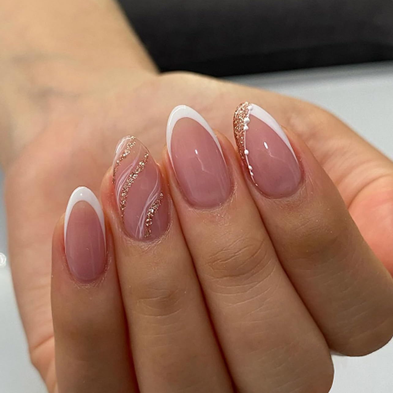 French Press On Nails Short Almond, Nude Fake Nails with White French Tip and Minimalist Gold Line Design, Glossy Gel Finish Acrylic Nails, Natural Reusable Glue On Nails Kit for Women, Luxe Line