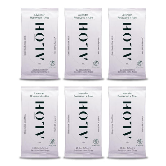 ALŌH Lavender Rosewood + Aloe Sanitizing Hand Wipes - Clean Hands, Clear Mind - On The Go Hand Sanitizer Wipes for Kids and Adults - Travel Size 6 Pack, 20ct (120 wipe)