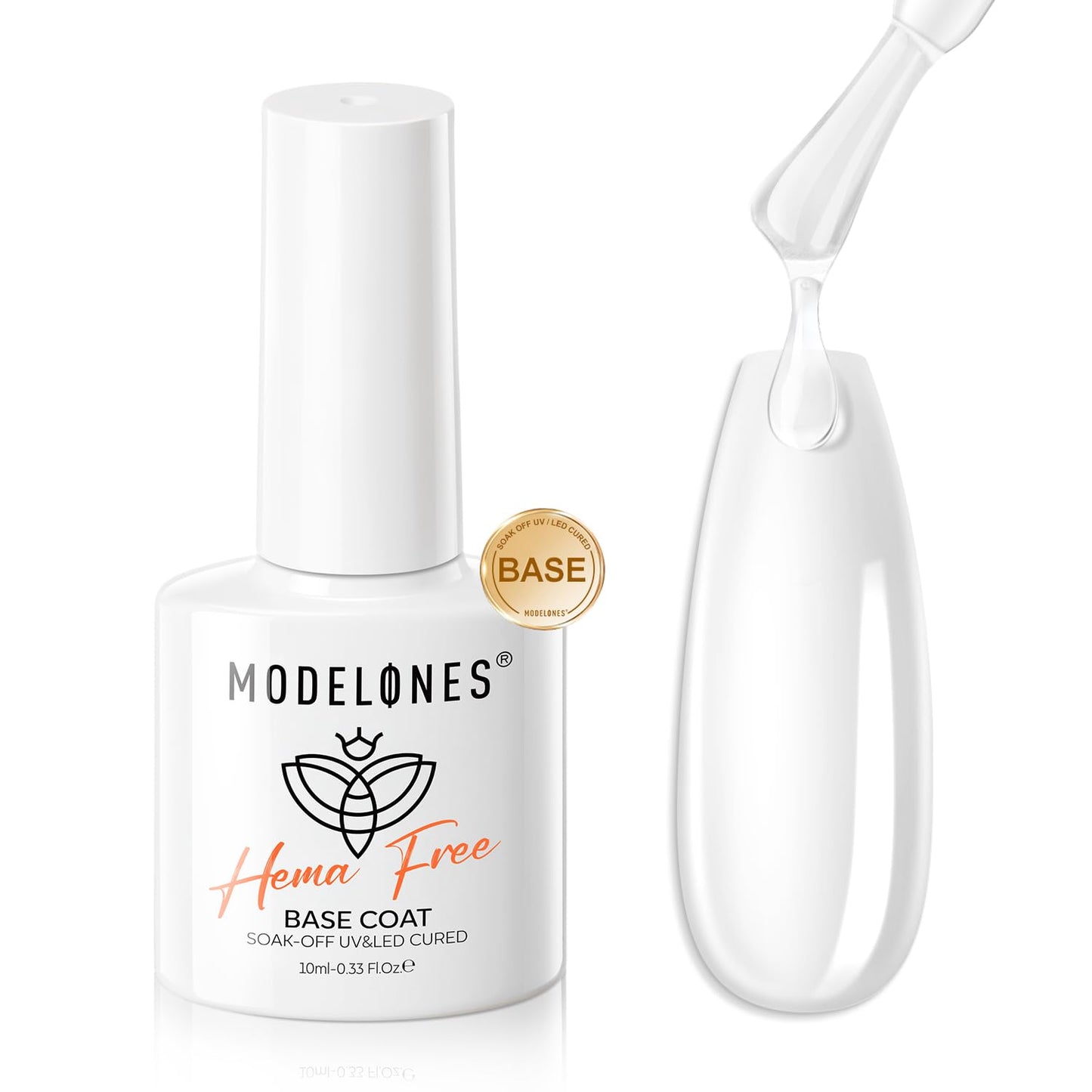 modelones Hema-Free Gel Base Coat, No Wipe Base Coat Gel Nail Polish Hypoallergenic Clear Color Long Lasting Glossy for Weak Nails Protect Soak Off Home Salon Gif Girls Woman Manicure U V/LED Needed