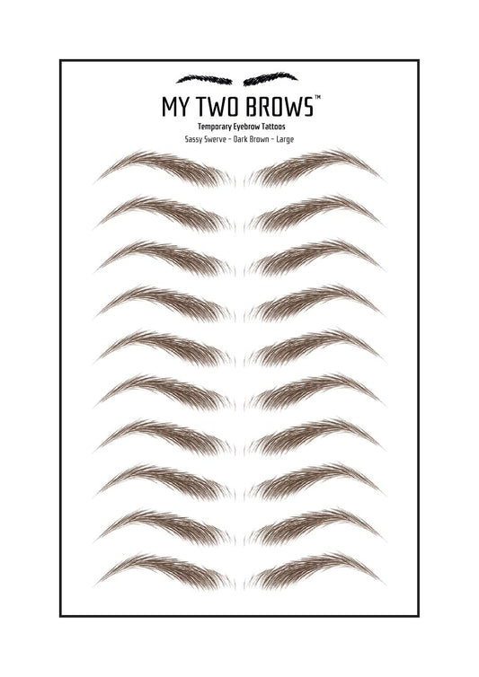 (10 pairs) Dark Brown Temporary Eyebrow Tattoo - Large Size - Waterproof & Smudgeproof - Sassy Swerve Style Eyebrow Stickers - Sheet Lasts up to 30 Days - Won't Work on Existing Brows