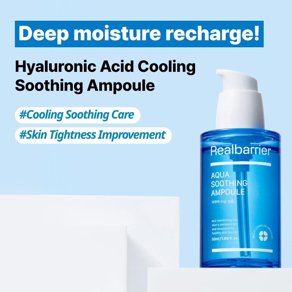 Real Barrier Aqua Soothing Ampoule 1.69 Fl Oz, Cooling Soothing Moisturizing Facial Serum for Sensitive Dry Skin, Hyaluronic acid Ceramide Hydrating Face Moisturizer for Dewy Skin, Korean Skin Care