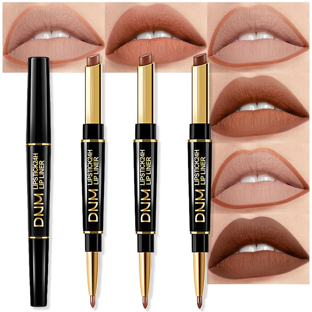 evpct 3Pcs Light Nude Dark Deep Brown Matte Lip Liner and Lipstick Combo Set Kit for Women, Magic Lipstick 24 Hours Original Lip Liner Makeup Stain Gloss Plumper Long Lasting Waterproof labial