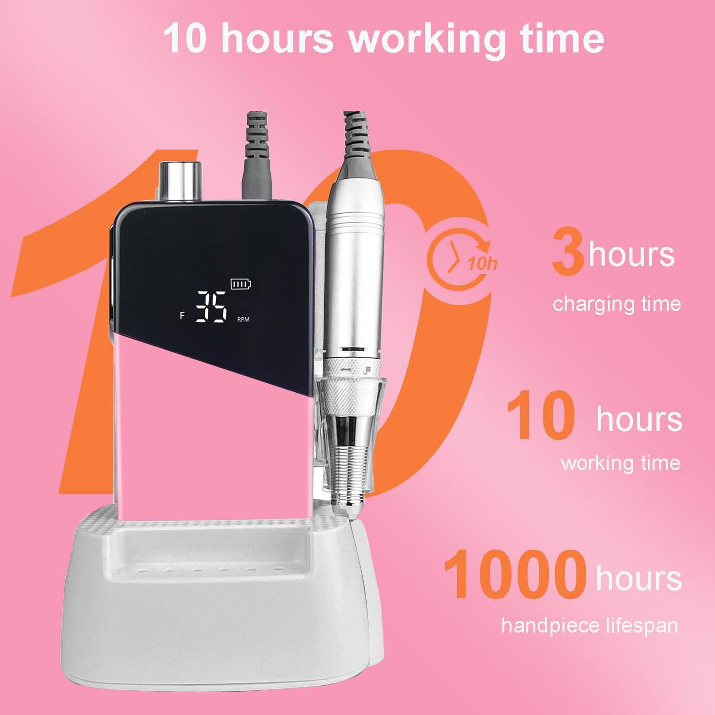 Professional Cordless Nail Drill Machine - Rechargeable Electric Nail File, 35,000 RPM Efile for Acrylic Gel Nails, Pedicure & Manicure Tools with LCD Screen, 13 Drill Bits (Pink)
