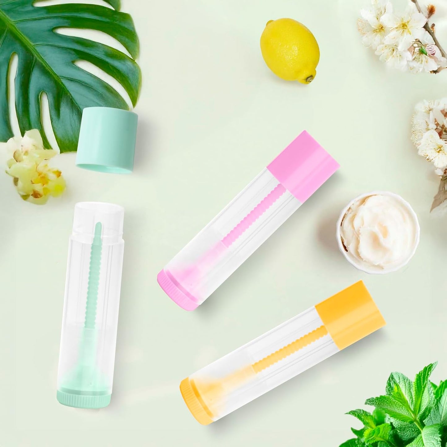 JuLand 50 Pack Empty Lip Balm Containers Bulk 5.5ml - Clear Twist-Up Tubes with Green Caps, Refillable Chapstick Tube for DIY Lip Balm Making