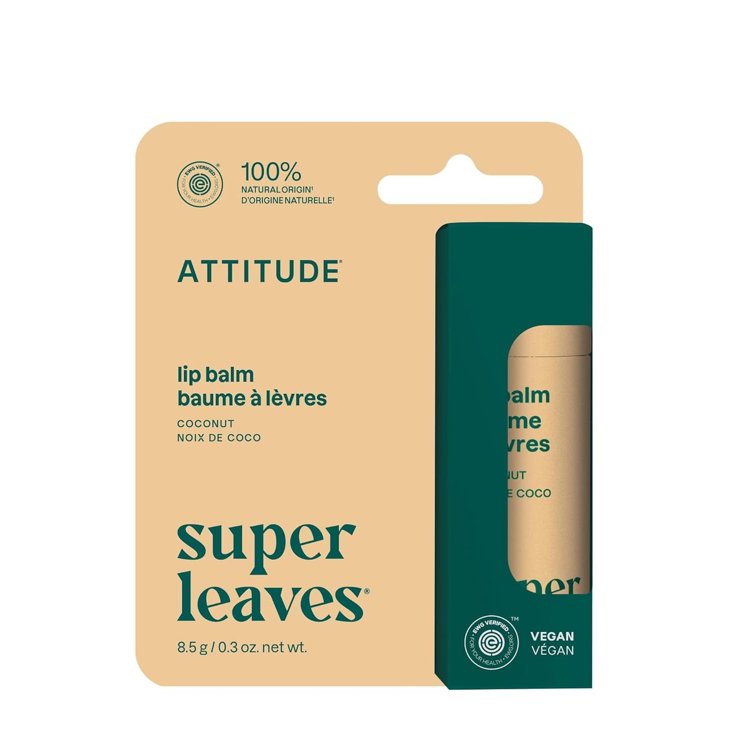 ATTITUDE Lip Balm, Natural Origin, Nourishes & Protects, Shea Butter, Coconut & Castor Oils, EWG Verified, For Dry Lips, Men and Women, Vegan, Coconut, 0.3 Oz