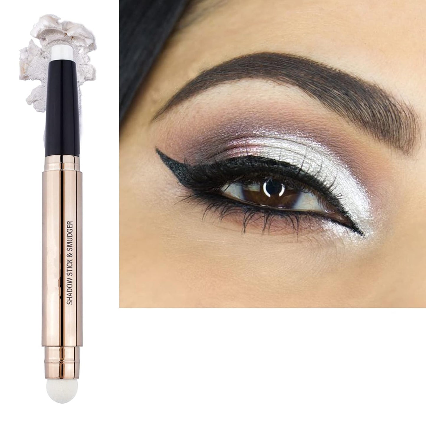 2 in 1 eyeshadow stick and Sponge Makeup Brush, Smooth Cream Shimmer Shadow Pencil Long Lasting Waterproof Eye Shadow Highlighter Stick Makeup, Hypoallergenic Multi-Dimensional eyes Look