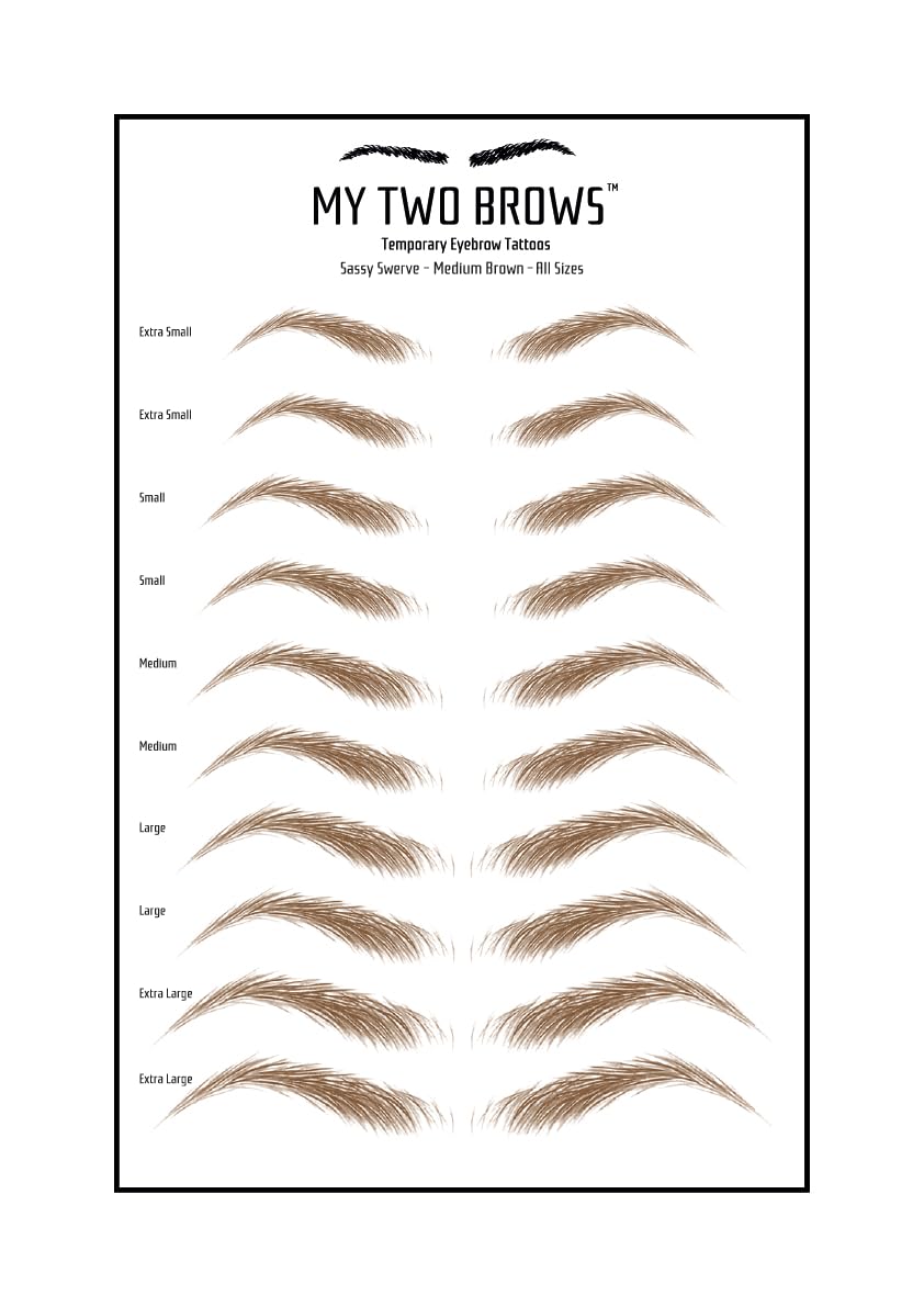 (10 pairs) Medium Brown Temporary Eyebrow Tattoo - Extra Small Size - Waterproof & Smudgeproof - Sassy Swerve Style Eyebrow Stickers - Sheet Lasts up to 30 Days - Won't Work on Existing Brows