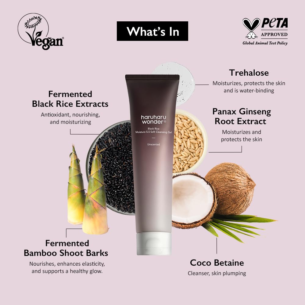 haruharu wonder Black Rice Moisture 5.5 Soft Cleansing Gel, 3.4 fl.oz, Gentle Face Wash for Dry to Normal Skin, Low 5.5pH, Soap Free, Hydrating, Fragrance Free, Daily Use, Korean Skincare