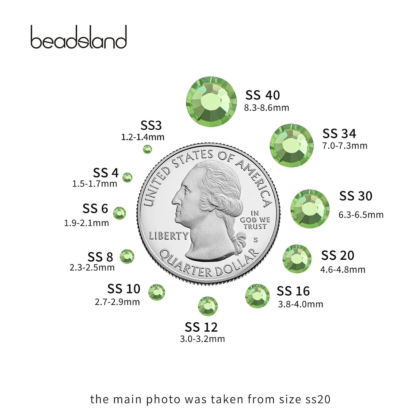Beadsland 1440pcs Flat Back Crystal Rhinestones Round Gems for Nail Art and Craft Glue Fix,Light Green,SS16,3.8-4.0mm