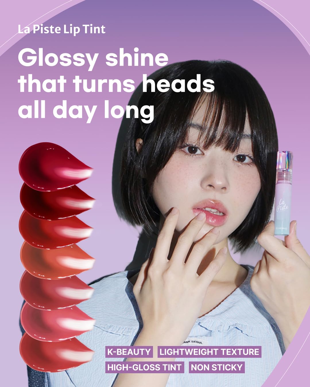 DEARMAY LA PISTE LIP TINT LP01 Voyage 0.14 oz. long lasting lip stain with glossy finish and lightweight texture, non sticky, hydrating formula with no flaking and glassy vivid tint, korean makeup