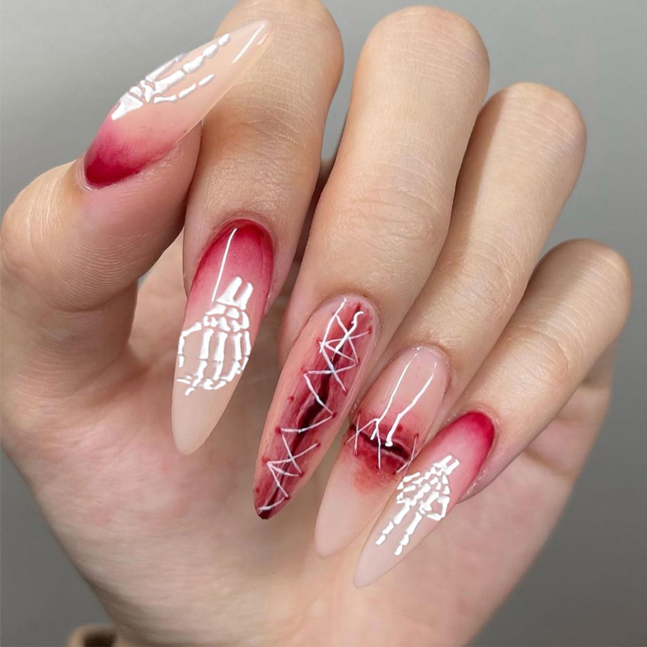 8 Sheets Halloween Nail Stickers 5D Embossed Skull Finger Nail Stickers Self-Adhesive Horror Skeleton Decals for Women