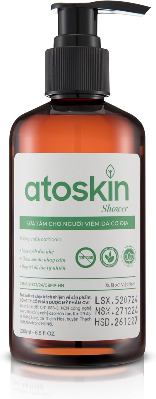 Atoskin Shower Gel for Eczema, Psoriasis, Dermatitis, and Anti-Itch Relief with RicoBio JA7 - for Atopic Dermatitis Patents (6.8 oz)